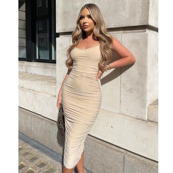 Beige Sleeveless Square Neck Ruched Bodycon Midi Dress - Picture 4 of 9